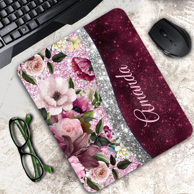 floral Burgundy pink silver faux glitter monogram Mouse Pad (Creator Uploaded)