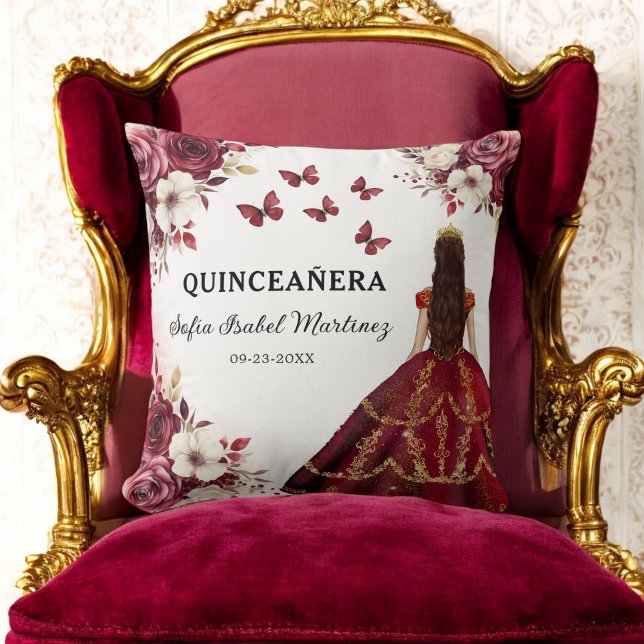 Floral Burgundy Princess Quinceanera Birthday Cushion (Creator Uploaded)
