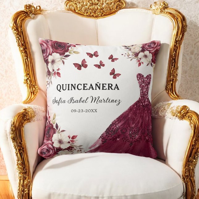 Floral Burgundy Princess Quinceanera Birthday Cushion (Creator Uploaded)