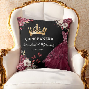 Floral Burgundy Princess Quinceanera Birthday Cushion