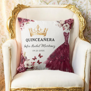 Floral Burgundy Princess Quinceanera Birthday Cushion
