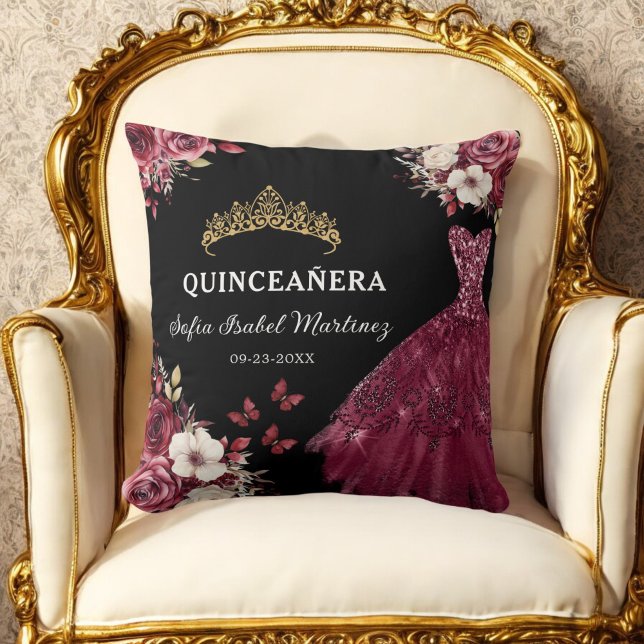 Floral Burgundy Princess Quinceanera Birthday Cushion (Creator Uploaded)