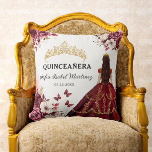Floral Burgundy Princess Quinceanera Birthday Cushion