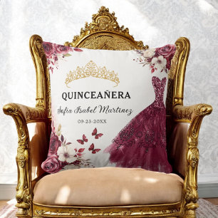 Floral Burgundy Princess Quinceanera Birthday Cushion