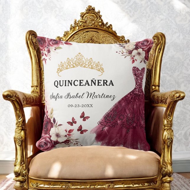 Floral Burgundy Princess Quinceanera Birthday Cushion (Creator Uploaded)