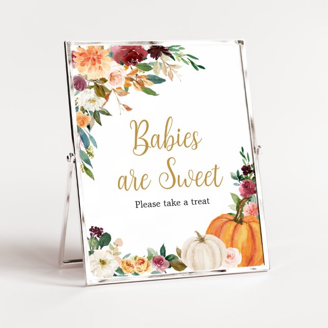 Floral Burgundy Pumpkin Babies are Sweet Poster (Pumpkin Baby Shower Babies are Sweet Sign)