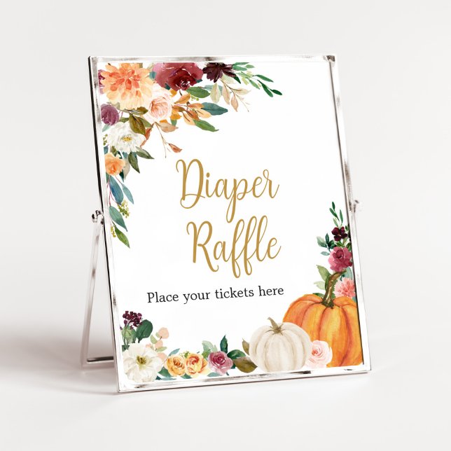 Floral Burgundy Pumpkin Baby Shower Diaper Raffle Poster (Pumpkin Baby Shower Diaper Raffle Sign)