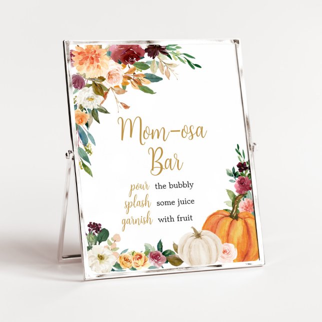 Floral Burgundy Pumpkin Baby Shower Mum Osa Bar Poster (Pumpkin Baby Shower Mom Osa Bar Sign)
