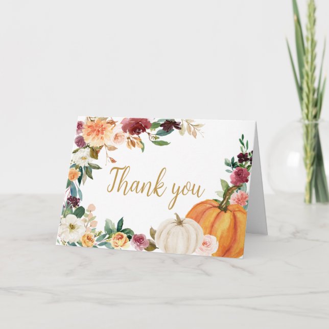 Floral Burgundy Pumpkin Baby Shower Thank You Card (Front)
