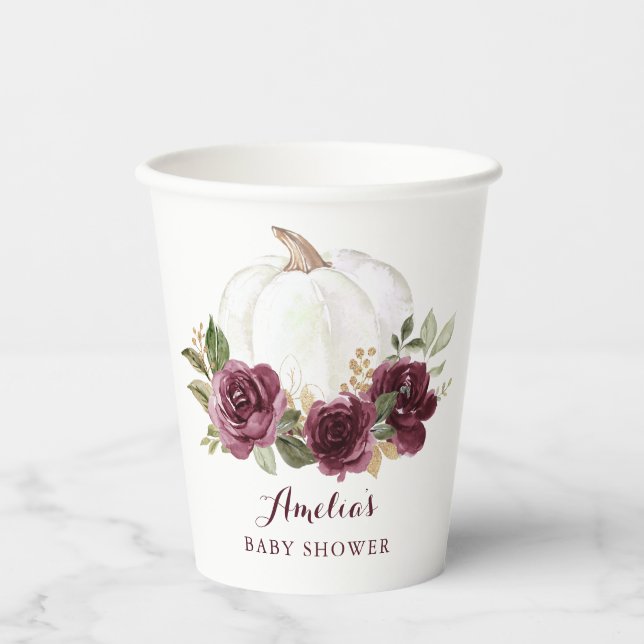 Floral Burgundy Pumpkin Fall Baby Shower Paper Cups (Front)