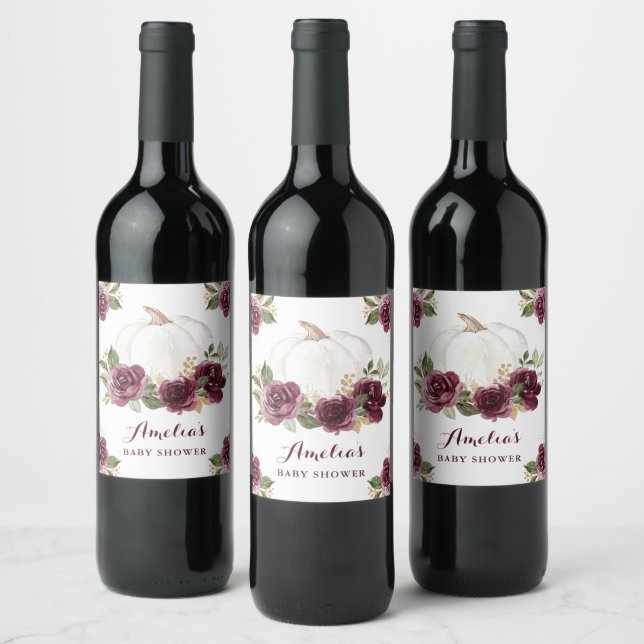 Floral Burgundy Pumpkin Fall Baby Shower Wine Label (Bottles)