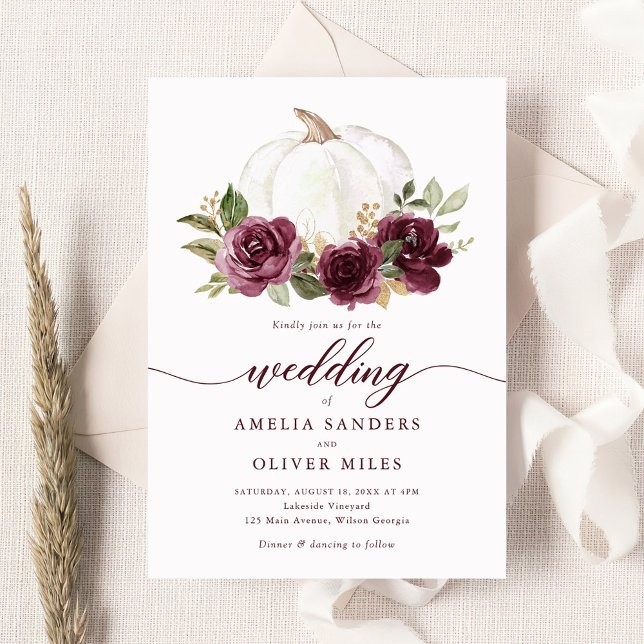 Floral Burgundy Pumpkin Fall Greenery Wedding Invitation (Creator Uploaded)