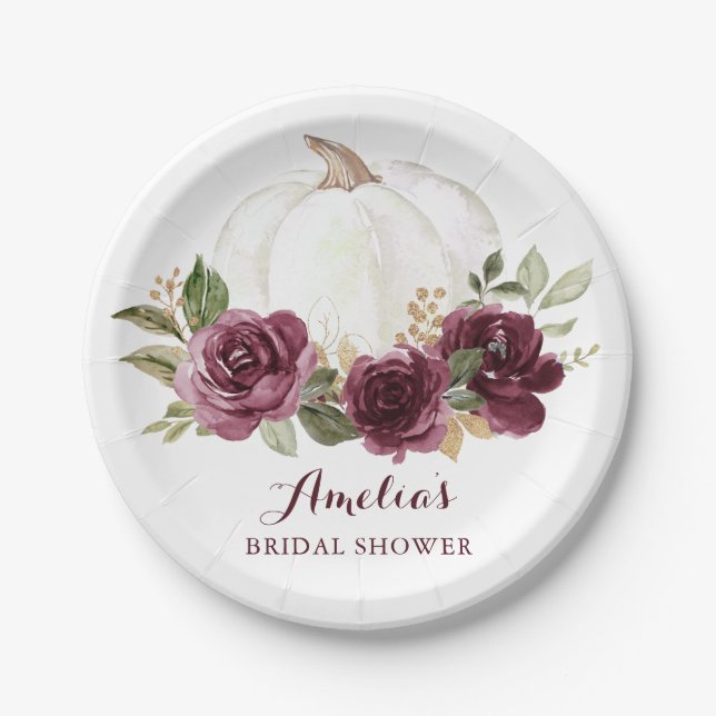 Floral Burgundy Pumpkin Marsala Bridal Shower Fall Paper Plate (Front)