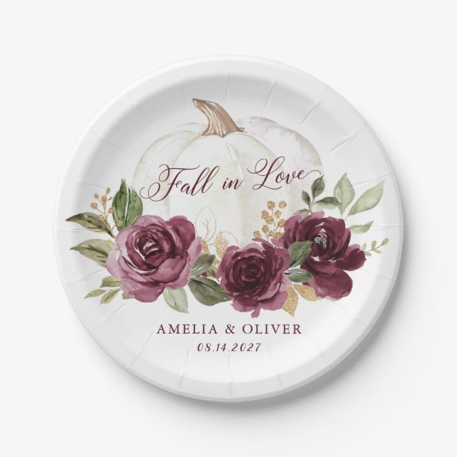 Floral Burgundy Pumpkin Wedding Fall in Love Paper Plate (Front)