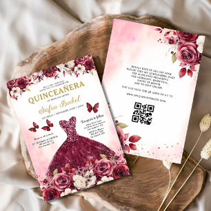 Floral Burgundy QR Code Princess Quinceanera Invitation