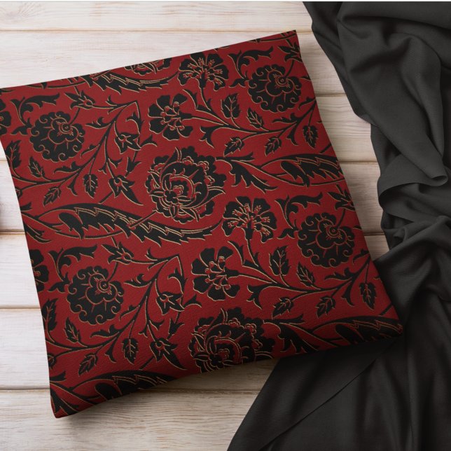 Floral Burgundy Red Black Flowers Bohemian Damask Cushion (Creator Uploaded)