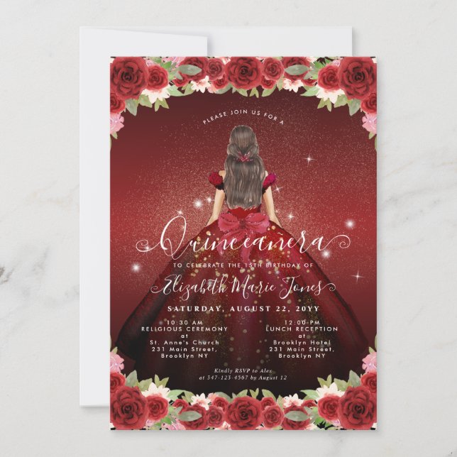 Floral Burgundy Red Gold Glam Princess Quinceanera Invitation (Front)