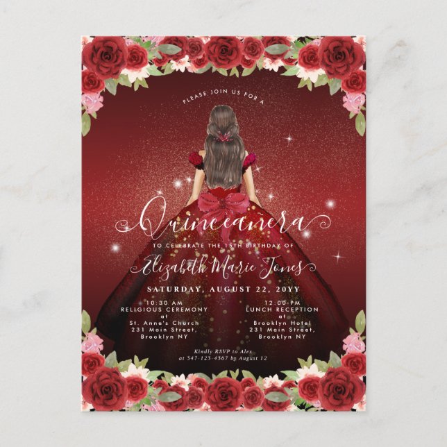 Floral Burgundy Red Gold Glam Princess Quinceanera Postcard (Front)