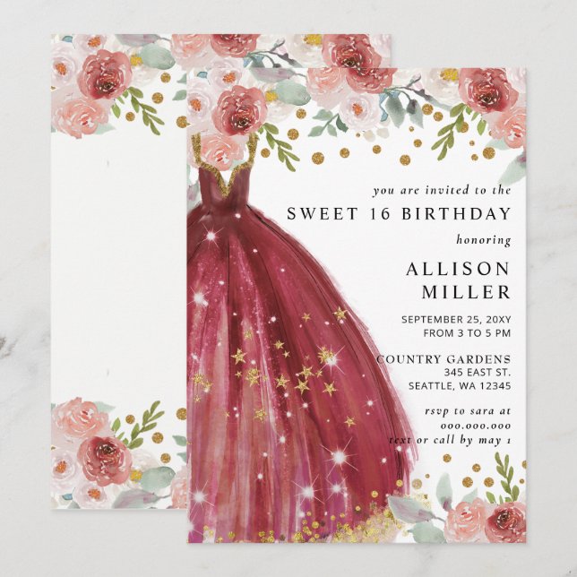 Floral Burgundy Red Gold Glitter Dress Sweet 16 Invitation (Front/Back)
