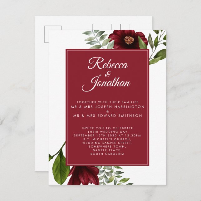 Floral Burgundy Red Wedding Invitation Postcard (Front/Back)