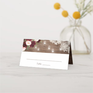 Floral Burgundy Rustic Wood Lace Lights Wedding Place Card