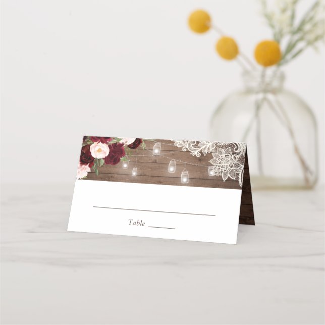 Floral Burgundy Rustic Wood Lace Lights Wedding Place Card (Front)