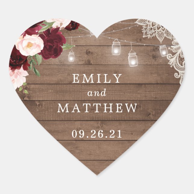 Floral Burgundy Rustic Wood Lace String Lights Heart Sticker (Front)