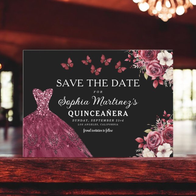 Floral Burgundy Save the Date Birthday Quinceanera (Creator Uploaded)