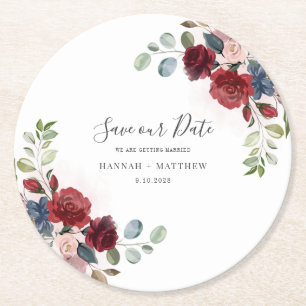 Floral Burgundy Script Wedding Save the Date Round Paper Coaster