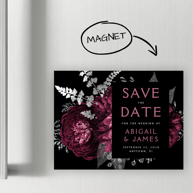 Floral Burgundy Silver Wedding Save the Date Magnetic Invitation (Creator Uploaded)