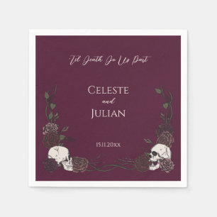 Floral Burgundy Til Death Skulls & Roses Wedding Napkin