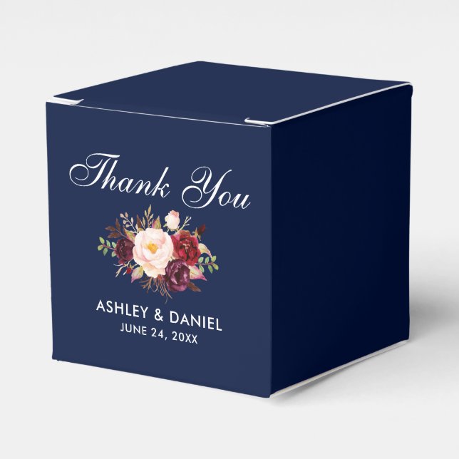 Floral Burgundy Watercolor Blue Wedding Thanks Favour Box (Front Side)