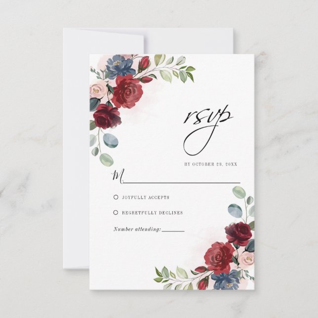 Floral Burgundy Watercolor Botanical Wedding RSVP Card (Front)