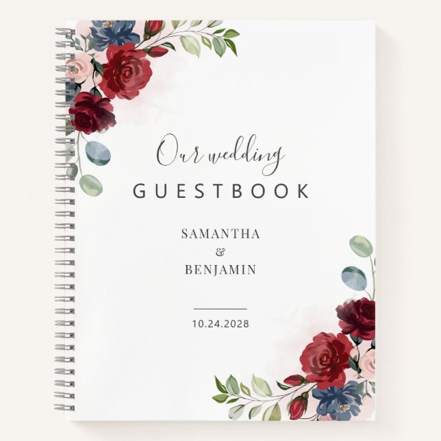 Floral Burgundy Watercolor Fall Wedding Guest Book (Front)