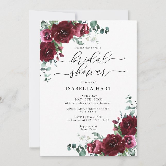 Floral Burgundy Watercolor Marsala Bridal Shower Invitation (Front)