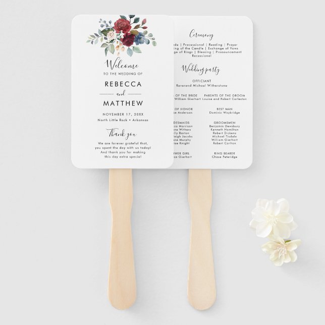Floral Burgundy Watercolor Script Wedding Program Hand Fan (Front and Back)