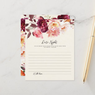 Floral Burgundy Wedding Date Night ideas Cards