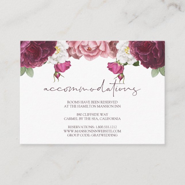 Floral Burgundy Wedding Hotel Accommodation Enclosure Card (Front)