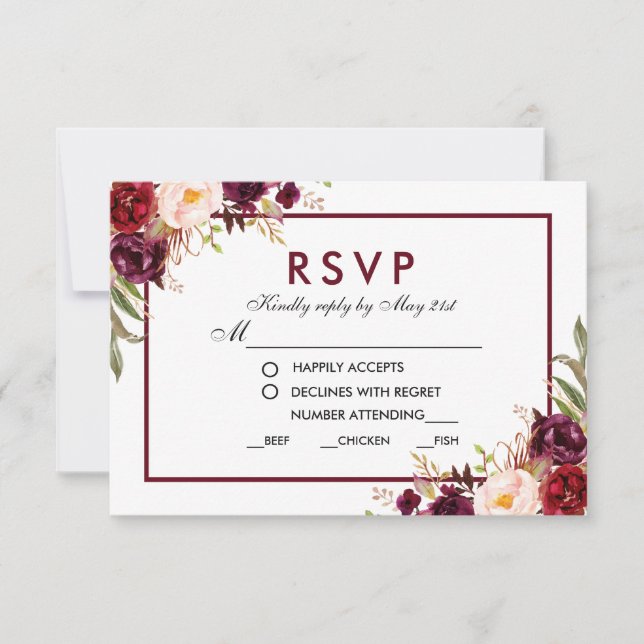 Floral Burgundy Wedding Meal RSVP Card (Front)