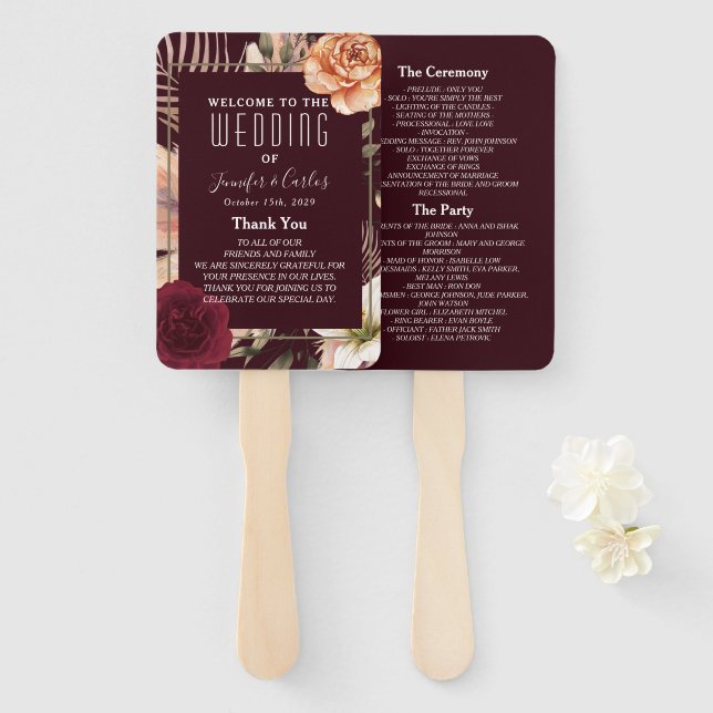 Floral Burgundy Wedding Program Hand Fan (Front and Back)