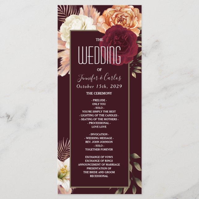 Floral Burgundy Wedding Program Programme (Front)