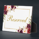 Floral Burgundy Wedding Reserved 5x7 Table Plaque<br><div class="desc">Watercolor Floral Burgundy Marsala Gold Wedding Reserved 5x7 Table Plaque</div>