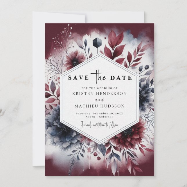  Floral Burgundy Wedding Save The Date (Front)