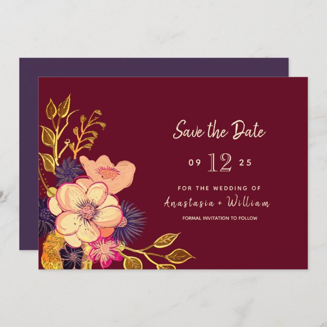 Floral Burgundy Wedding Save The Date (Front/Back)