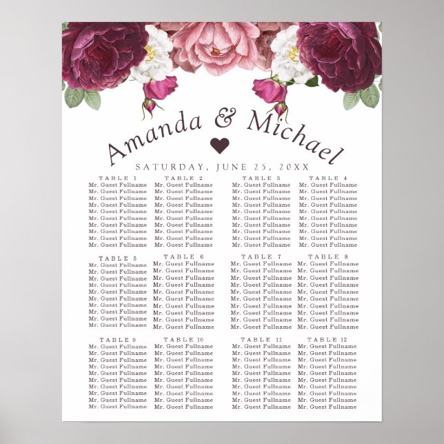Floral Burgundy Wedding Seating Chart (Front)