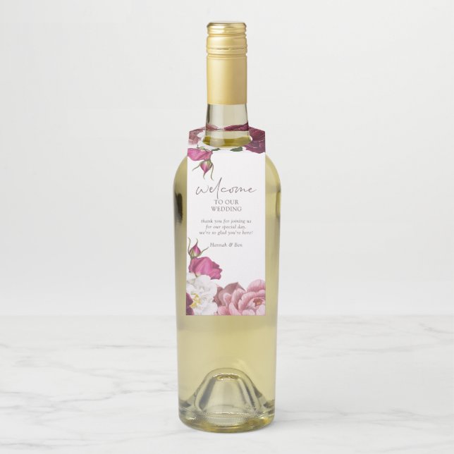 Floral Burgundy Wedding Welcome Bottle Tag (On Bottle)