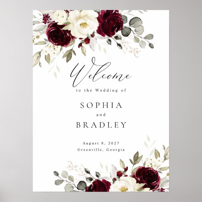 Floral Burgundy White Gold Wedding Welcome Sign (Front)