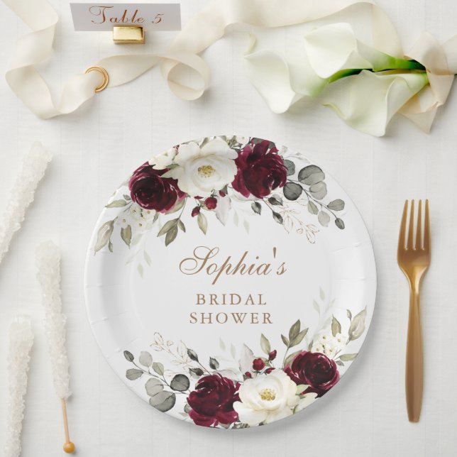 Floral Burgundy White Greenery Gold Bridal Shower Paper Plate (Wedding)