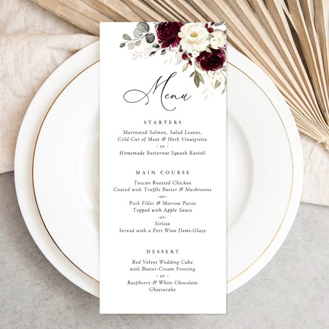 Floral Burgundy White Greenery Gold Wedding Menu (Creator Uploaded)