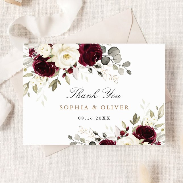 Floral Burgundy White Greenery Thank You Card (Creator Uploaded)